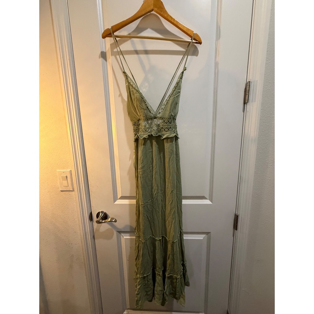 Iris Olive Green Crochet Lace Maxi Dress Boho Tiered Ruffle Backless Large